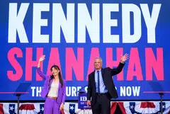 US presidential candidate Robert F Kennedy Jr. (right) announces his running mate Nicole Shanahan (left) in Oakland, California on March 26, 2024. 