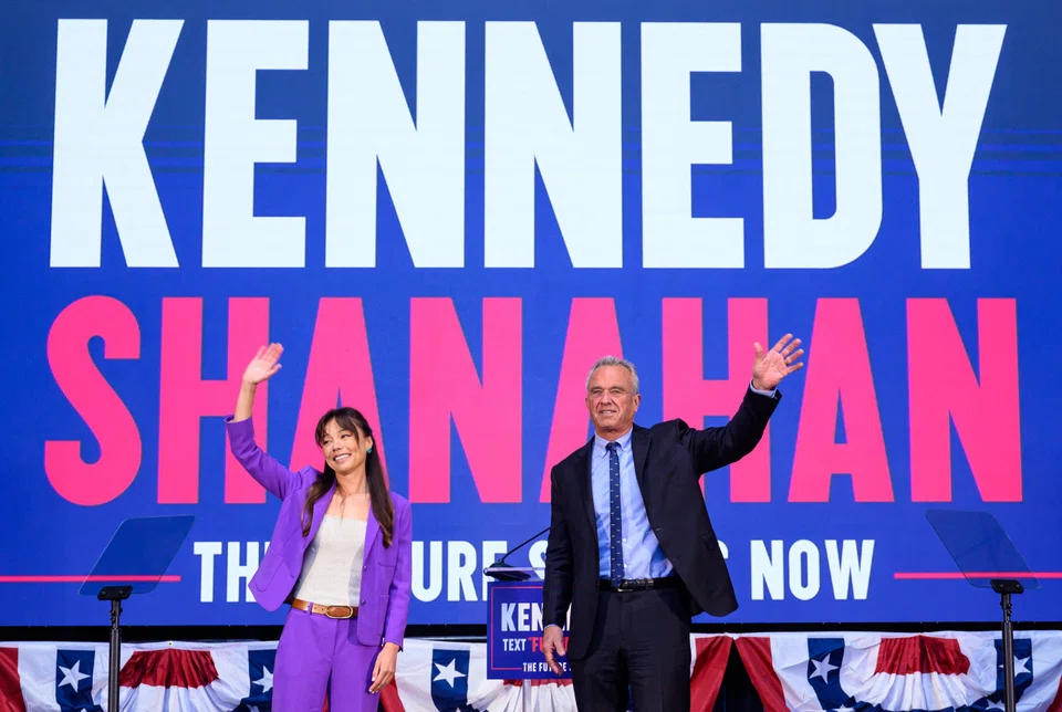 US presidential candidate Robert F Kennedy Jr. (right) announces his running mate Nicole Shanahan (left) in Oakland, California on March 26, 2024. 