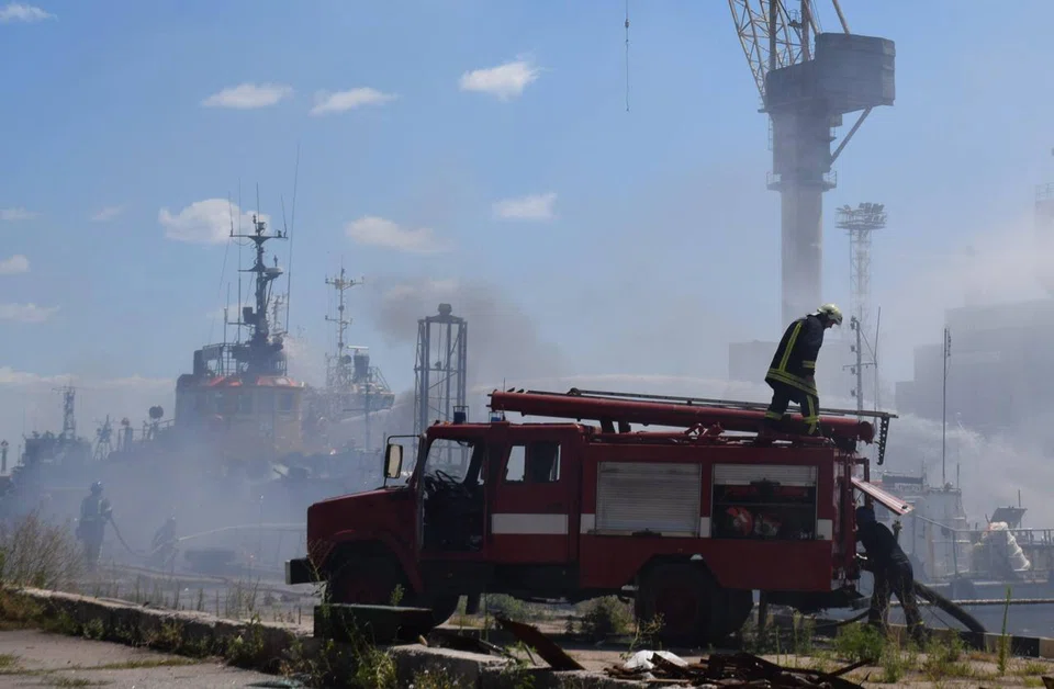 Firefighters working to put out a fire in a sea port of Odesa; public broadcaster Suspilne quoted the Ukrainian military as saying after the strike that the missiles did not hit the port’s grain storage area or cause significant damage and Kyiv said preparations to resume grain shipments were ongoing.
