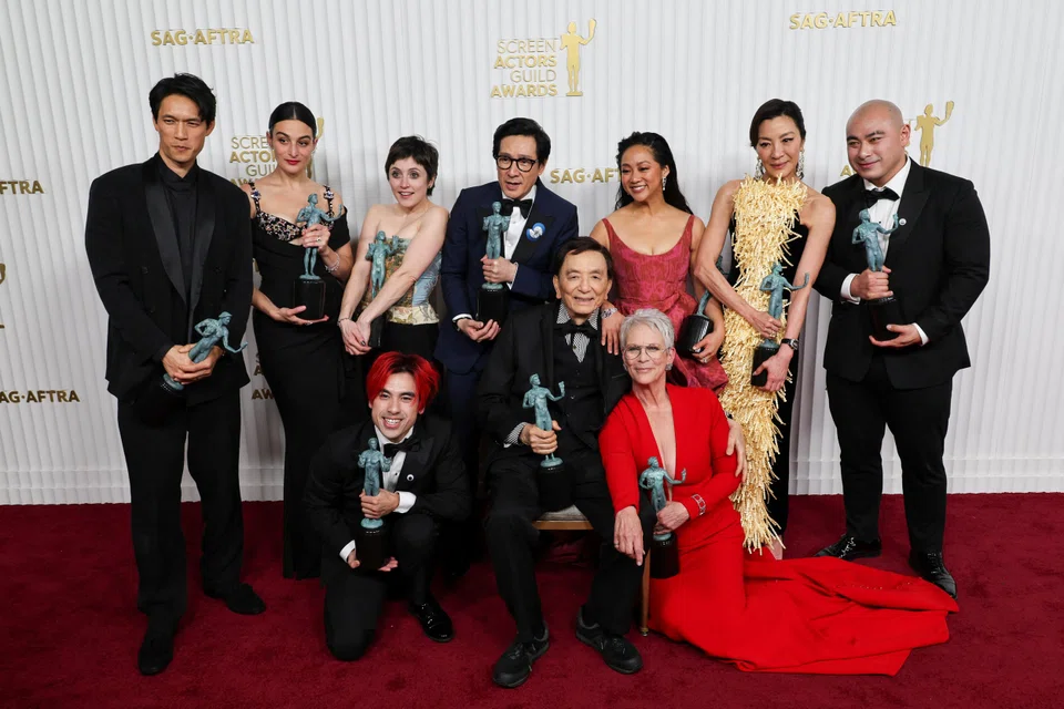 The cast of Everything Everywhere All at Once was named best film ensemble at the Screen Actors Guild Awards on Feb 26.