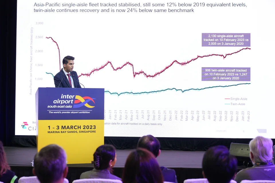 Piyush Chawla, managing director for the Asia-Pacific at Cirium, speaking at Inter-Airport South-east Asia 2023. 
Scheduled global capacity as of December 2022 was around 15% lower than in 2019. This figure has been improving through the current quarter of this year, and is expected to stabilise at around 5% below 2019’s figures, he notes.