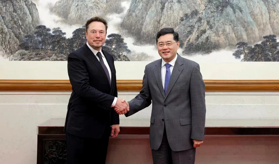 Chinese State Councillor and Foreign Minister Qin Gang meeting Tesla chief executive officer Elon Musk in Beijing on Tuesday (May 30).