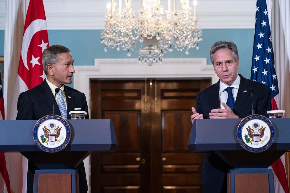 “Intense competition requires sustained diplomacy to ensure that competition does not veer into confrontation or conflict,” says US Secretary of State Anthony Blinken (right) at a briefing alongside Singapore Foreign Minister Vivian Balakrishnan.