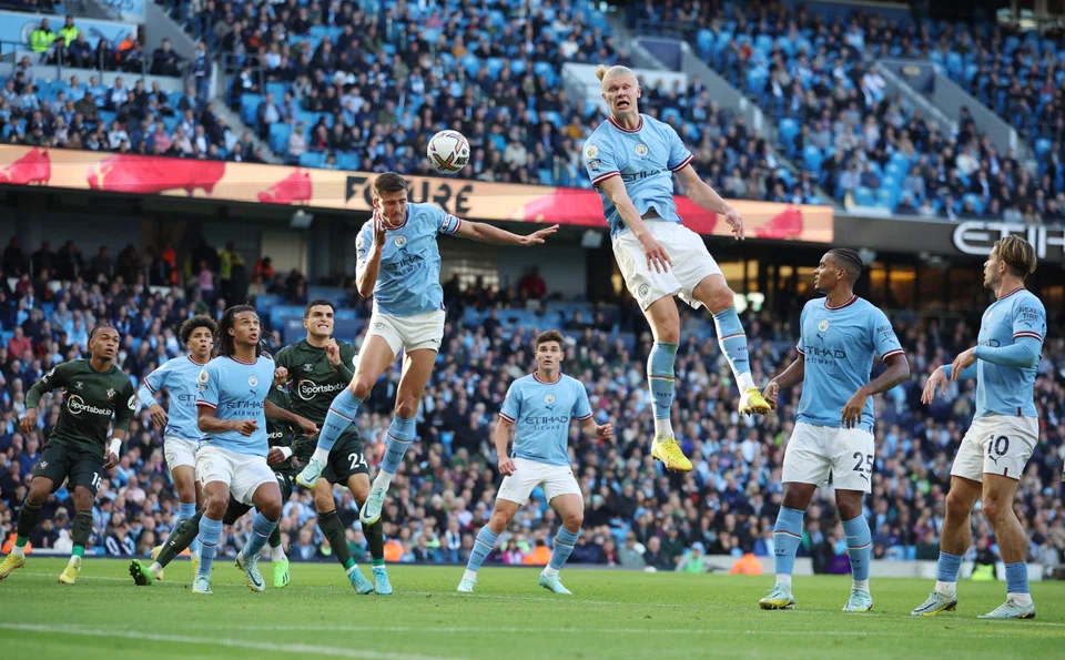 Manchester City's star striker Erling Haaland (third from right) leaping high to win the ball against Southampton in the EPL last weekend. The Norwegian has scored 15 times in just nine league games.