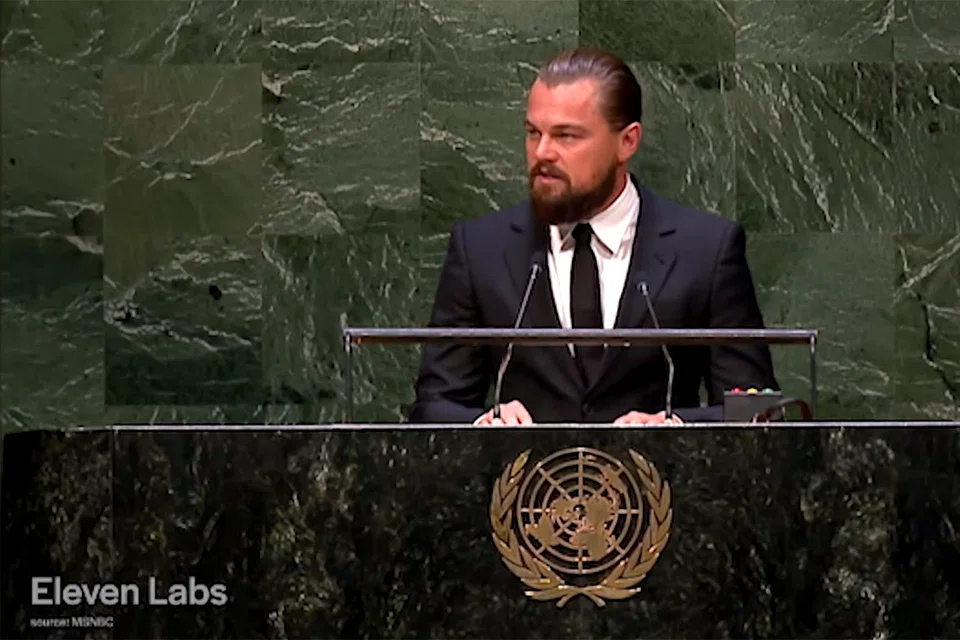 In its publicity material, Eleven Labs produced a video of actor Leonardo DiCaprio being voiced by several other celebrities.