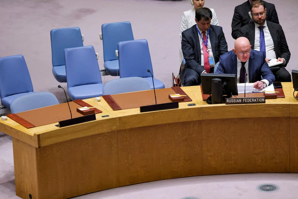 Russian Ambassador to the United Nations Vasily Nebenzya speaks as members of the United Nations Security Council convene to discuss damage to two Russian gas pipelines to Europe, in New York, Sept 30, 2022. 