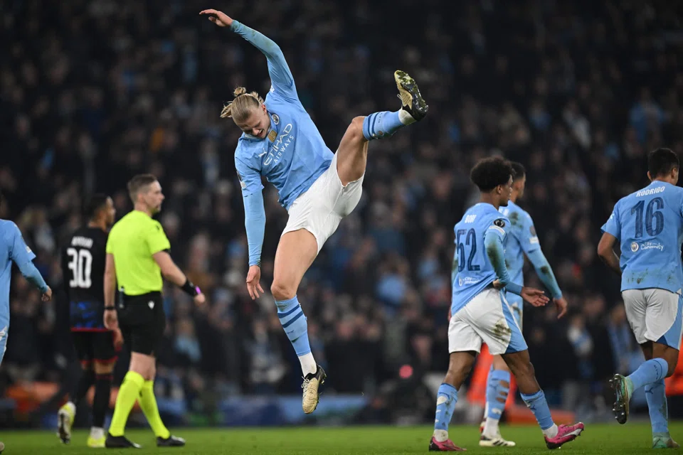 Manchester City's Norwegian striker Erling Haaland  celebrating after scoring against Copenhagen in the Champions League on Mar 6.