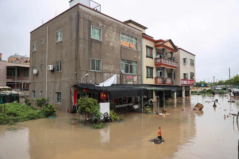 A partially submerged building is seen following heavy rains caused by Typhoon Haikui in Xiamen, in China's southern Fujian province on Sept 6, 2023.