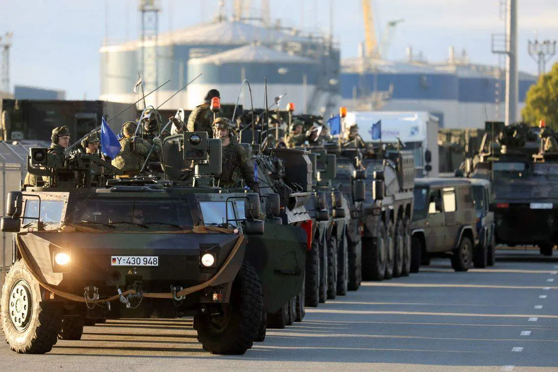 Members of the German Bundeswehr 41st Mechanized Infantry Brigade Forward Command Element, 1st Panzer Division arrive in the port of Klaipeda, Lithuania on Sept 4, 2022. 