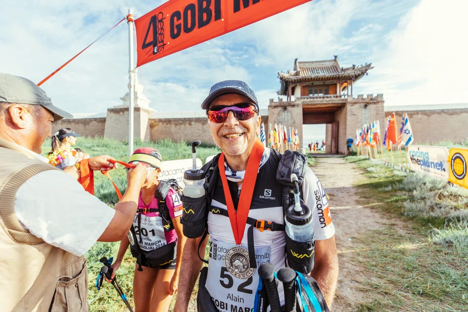 Alain Esseiva at the finish of the Gobi March 2018 after over 50 hours of running across Mongolia and sleeping in Mongolian nomadic tents. 