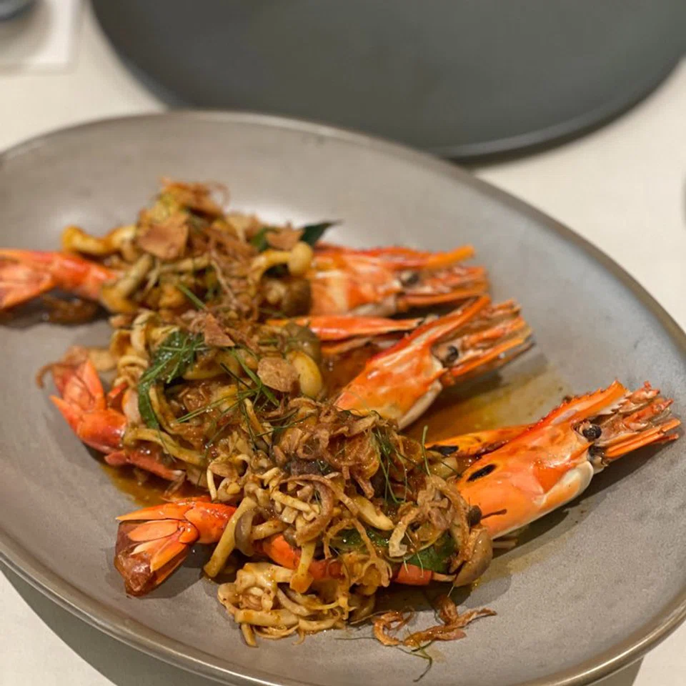 Wild mushroom salad and river prawn.