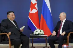 North Korea's leader Kim Jong Un meets Russia's President Vladimir Putin at the Vostochny Cosmodrome in Russia's Amur region, Sept 13, 2023.