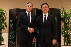 US Secretary of State Antony Blinken and Chinese Vice-President Han Zheng shake hands while meeting in New York City on Sept 18, 2023, ahead of the 78th United Nations General Assembly. 