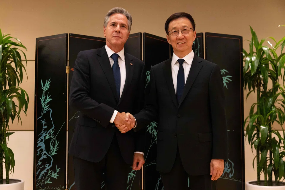 US Secretary of State Antony Blinken and Chinese Vice-President Han Zheng shake hands while meeting in New York City on Sept 18, 2023, ahead of the 78th United Nations General Assembly. 