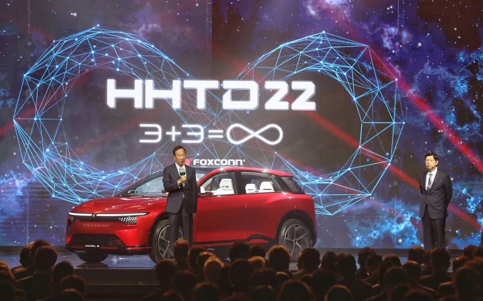 Terry Gou, founder of Foxconn Technology Group, unveils the Model B crossover vehicle at an event in Taipei, Taiwan, Oct 18, 2022. Foxconn took the wraps off two new electric vehicles on Tuesday, prototypes that embody the iPhone maker’s ambitions of carving out a slice of a market now dominated by Tesla.