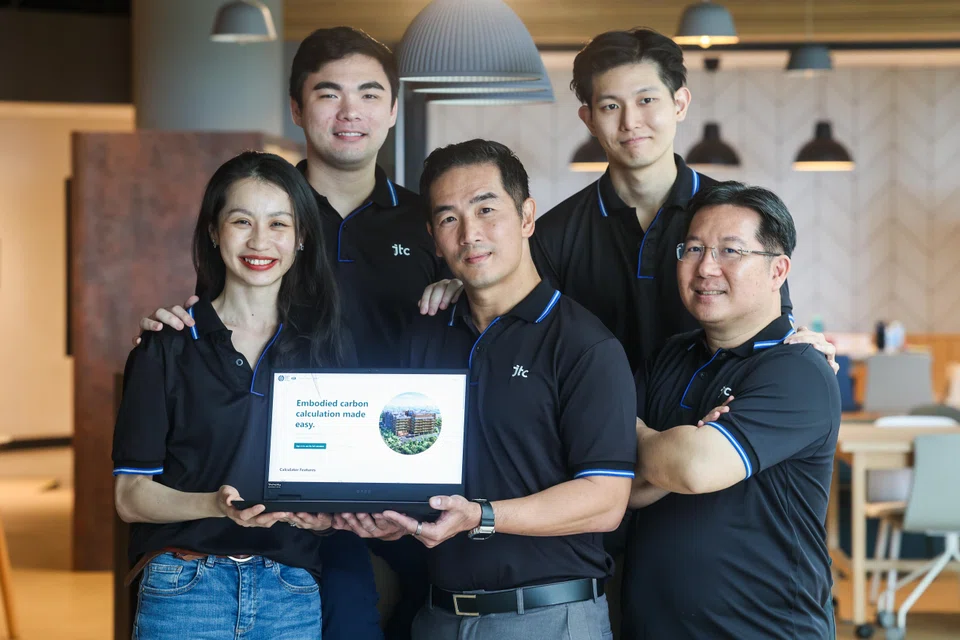 JTC's Future of Building and Infrastructure team (from left) Yve Xu, deputy director; Nikki Yong, assistant manager; Bryan Ong, assistant manager; Ng Kian Wee, senior principal engineer; Tan Chee Kiat, chief sustainability officer. Apart from having a simpler and more intuitive interface, JTC's new Web-based embodied carbon calculator also localises carbon emission factors. 