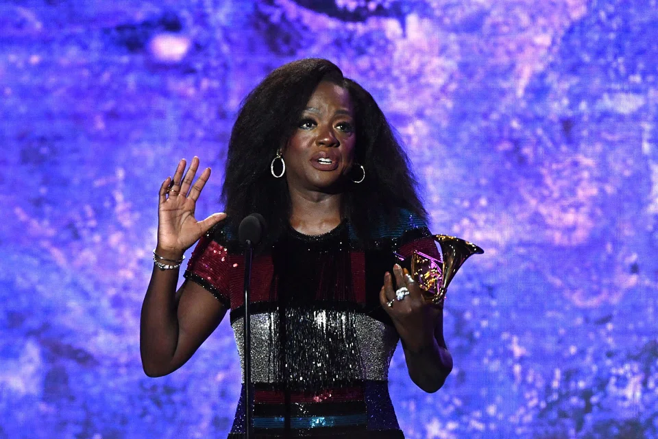 US actress Viola Davis accepts the award for Best Audio Book, Narration, and Storytelling Recording for her memoir "Finding Me" during the pre-telecast show of the 65th Annual Grammy Awards  in Los Angeles on Feb 5, 2023. 