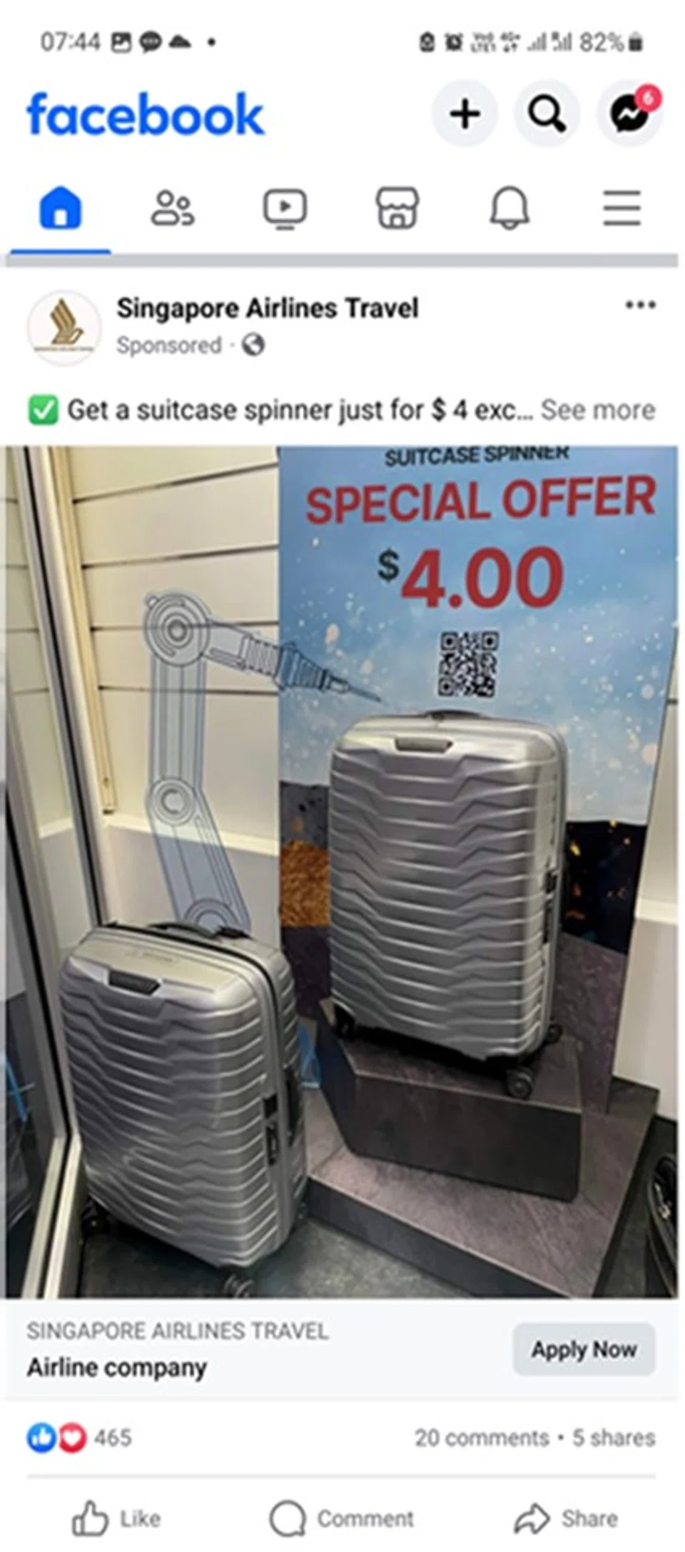 Singapore Airlines said it is aware of the Facebook account in the name of “Singapore Airlines Travel”  and the fake advertisements.