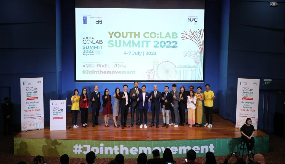 Key figures at the Youth Co:Lab Summit gathering for a group photograph, including Deputy Director of UNDP’s Regional Bureau for Asia and the Pacific Christophe Bahuet (third from left), guest-of-honour Minister of State for Culture, Community and Youth, Alvin Tan (eighth from left), and Citi’s head of South Asia and Asean, Amol Gupte (ninth from left). 