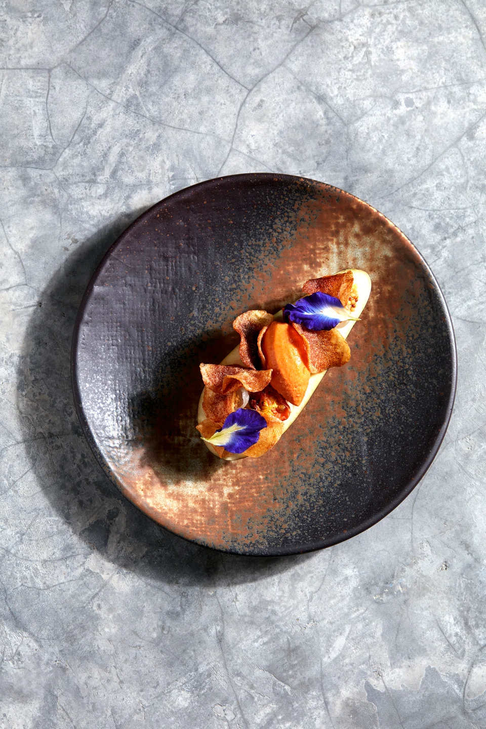 Eggplant in red curry sauce and potato chips.