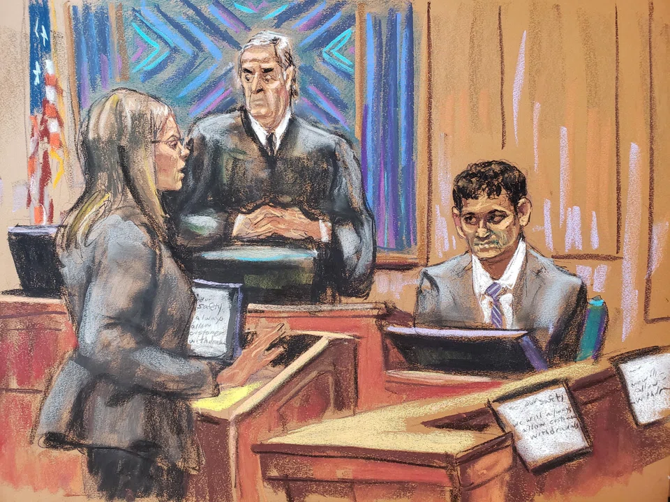FTX founder Sam Bankman-Fried is questioned by prosecutor Danielle Sassoon during his fraud trial over the collapse of the bankrupt cryptocurrency exchange, before US District Judge Lewis Kaplan at federal court in New York City, US, Oct 30, 2023 in this courtroom sketch. 