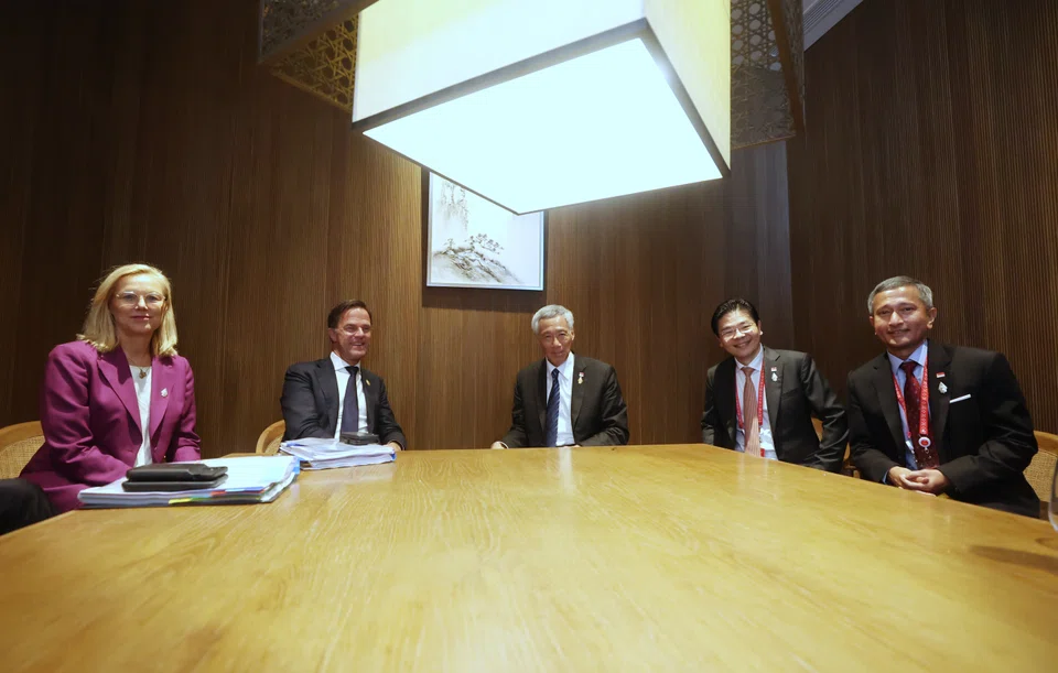 Prime Minister Lee Hsien Loong (centre) met with Dutch Prime Minister Mark Rutte (second from left) on the sidelines of the G20 Summit in Bali. The Singapore delegation included Deputy Prime Minister Lawrence Wong (second from right) and Foreign Minister Vivian Balakrishnan (far right).