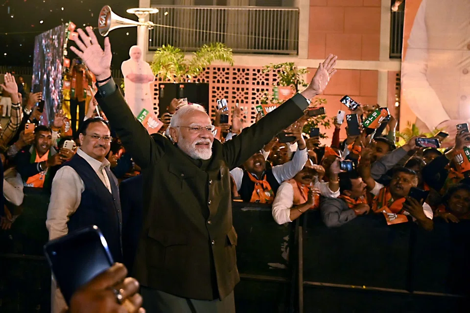 India's prime minister Narendra Modi arrives at the Bhartiya Janata Party (BJP) headquarters in New Delhi, India, Dec 3, 2023. 