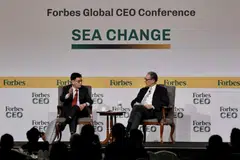 DPM Heng Swee Keat speaking with moderator Justin Doebele at a dialogue session during the Forbes Global CEO Conference at Shangri-La Singapore on Sep 11.