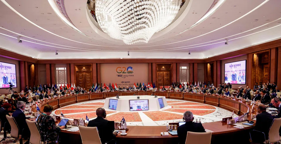 Leaders of the G20 nations attend the second working session of the G20 Leaders' Summit in New Delhi on Sept 9, 2023. This year, finance officials will set aside geopolitics and focus on global economic issues when they meet in Sao Paulo, Brazil. 