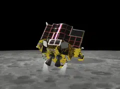 An artist illustration of the SLIM (Smart Lander for Investigating Moon) landing phase on the Moon, provided  by the Japan Aerospace Exploration Agency (JAXA).