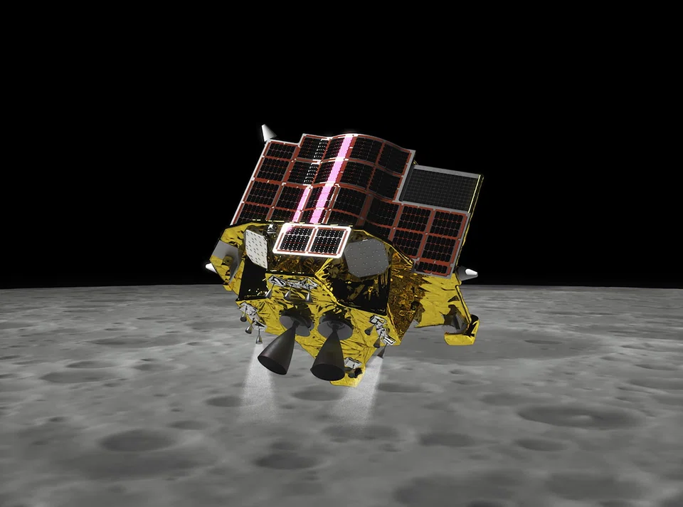 An artist illustration of the SLIM (Smart Lander for Investigating Moon) landing phase on the Moon, provided  by the Japan Aerospace Exploration Agency (JAXA).