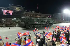 An intercontinental ballistic missile (ICBM) is displayed during a military parade celebrating the 75th anniversary of the founding of the Korean People's Army in Kim Il Sung Square in Pyongyang, North Korea, Feb 8, 2023.