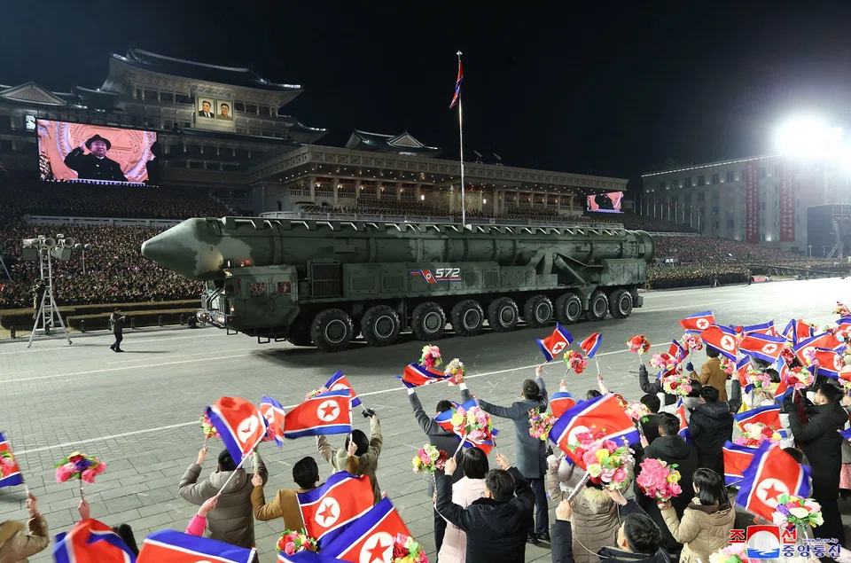 An intercontinental ballistic missile (ICBM) is displayed during a military parade celebrating the 75th anniversary of the founding of the Korean People's Army in Kim Il Sung Square in Pyongyang, North Korea, Feb 8, 2023.