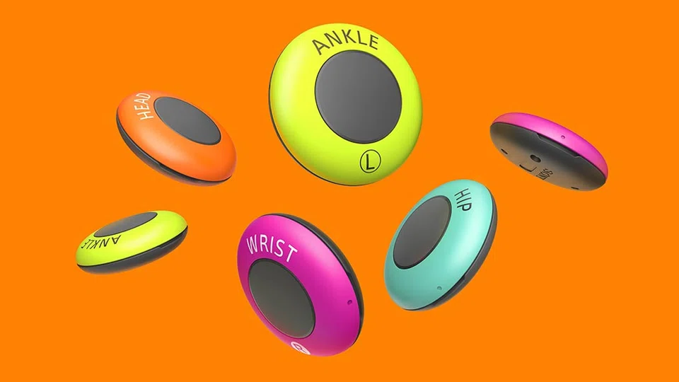The new Mocopi system consists of six pucks worn around the user’s wrists, ankles, head and hips. 
