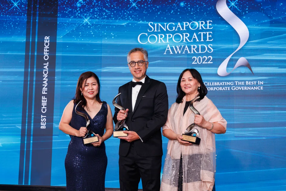 Winners of the Best Chief Financial Officer award. From left: Eve Chan of Metro Holdings; Andrew Lim of CapitaLand Investment and Yeo Swee Cheng of LHN.