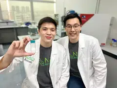 Kenneth Palmer (left) and Bryan Oh of NEU Battery Materials with the battery-grade lithium hydroxide from recycling batteries.