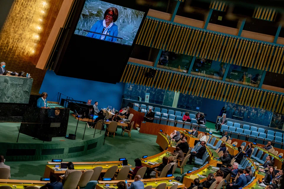 US Ambassador to the UN Linda Thomas-Greenfield addresses the general assembly at the United Nations headquarters in New York, US, Oct 12, 2022. 