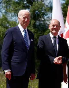 At the start of a bilateral meeting, Biden thanked German Chancellor Olaf Scholz for showing leadership on Ukraine and said Russian President Vladimir Putin had failed to break their unity