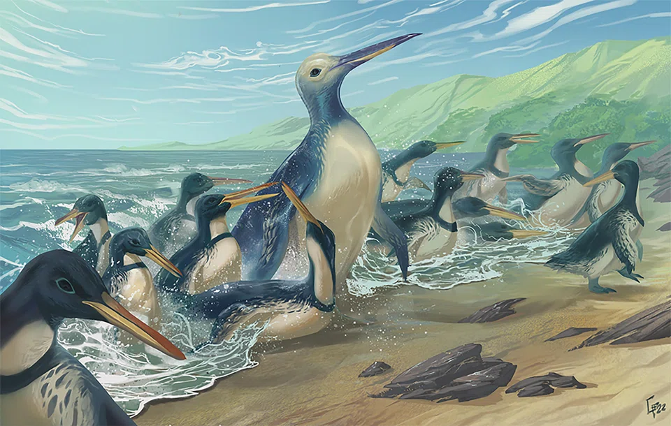 An artist's impression of Kumimanu and the smaller Petradyptes penguins on an ancient New Zealand beach.  
