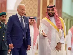 Saudi Crown Prince Mohammed bin Salman receives US President Joe Biden at Al Salman Palace on Jul 15. The Americans and Saudis are also hoping that diplomatic efforts may eventually lead to a peace agreement between the Israelis and the Palestinians.