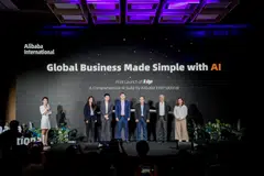 (From left to right) Nika Tang, staff at Alibaba International; Zhang Kaifu, vice-president at Alibaba International; Goh Pei Sheng, vice-president at Digital Industry Singapore; Dr Chua Tat-Seng, professor at NUS School of Computing; Mohan Jayaraman, expert partner at Bain & Company; and Tatiana Palhares, chief product officer at Daraz, at the pilot launch of Alibaba's AI suite, Aidge.
