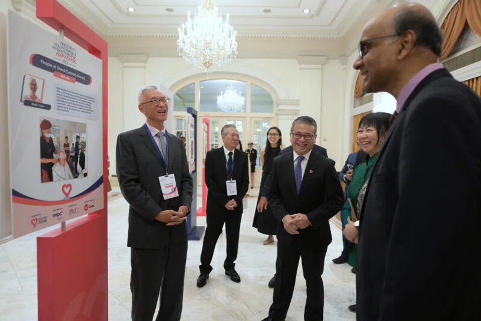 President Tharman Shanmugaratnam (right), his wife Jane Ittogi Shanmugaratnam (second from right), Minister for Culture, Community and Youth Edwin Tong (third from right), awardee Malcolm Chen (second from left) and awardee Mark Yuen (left) at the PVPA on Tuesday. Since the awards’ inception in 2012, the PVPA has received more than 1,600 nominations and recognised 106 awardees. 
