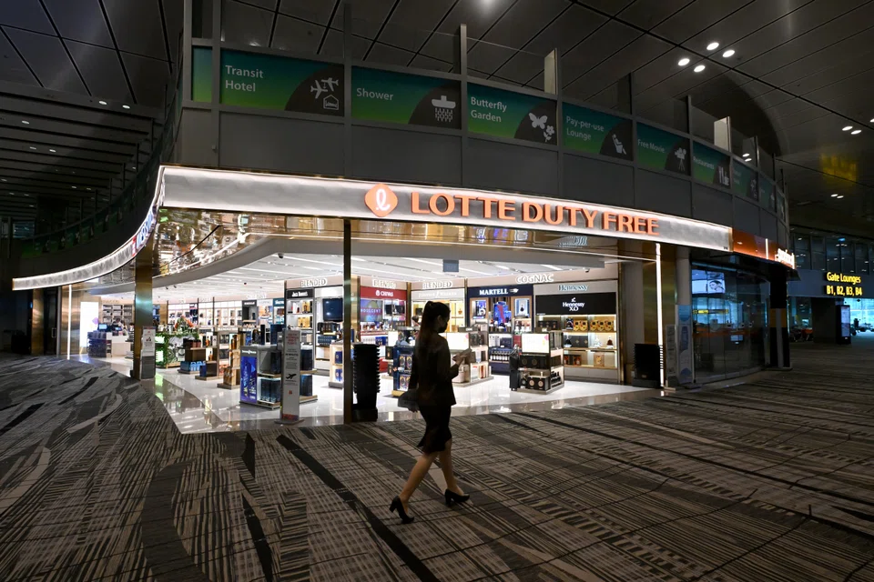 Duty-free shopping at the transit area of Changi Airport Terminal 3 on Mar 29, 2022. Consumption of goods and services by short-term travellers used to account for nearly a tenth of all services exports before the pandemic.