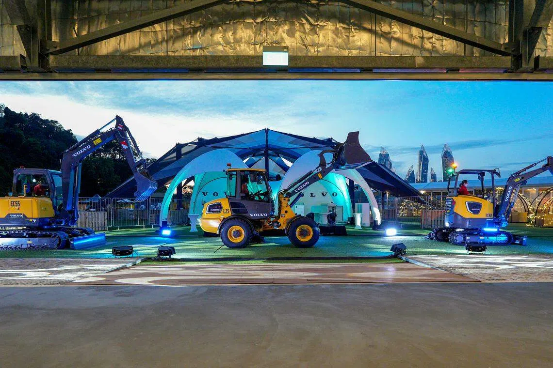 Volvo Construction Equipment's lineup of three electric construction machines at launch in Sentosa. 