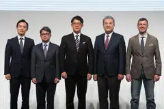 Incoming president and chief executive officer of Toyota Motor, Koji Sato (centre) unveiled his executive lineup, (from left) Kazuaki Shingo, incoming chief production officer, Yoichi Miyazaki, incoming chief financial officer, Hiroki Nakajima, incoming chief technology officer, and Simon Humphries, incoming chief branding officer.