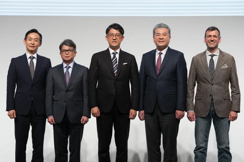 Incoming president and chief executive officer of Toyota Motor, Koji Sato (centre) unveiled his executive lineup, (from left) Kazuaki Shingo, incoming chief production officer, Yoichi Miyazaki, incoming chief financial officer, Hiroki Nakajima, incoming chief technology officer, and Simon Humphries, incoming chief branding officer.