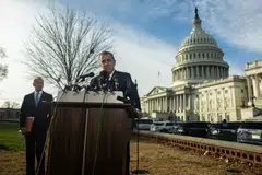Hunter Biden, son of US President Joe Biden, speaks to members of the media outside the US Capitol in Washington, DC, Dec 13, 2023. 