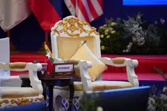 An empty chair set aside for Myanmar's delegation at the Asean Summit in Phnom Penh, Cambodia. The Myanmar crisis dominated the first day of the summit.