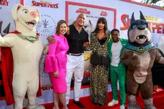 From left: Vanessa Bayer, Dwayne Johnson,  Jameela Jamil and Kevin Hart at a premiere screening for "DC League Of Super Pets" at The Grove, AMC 14  in Los Angeles.