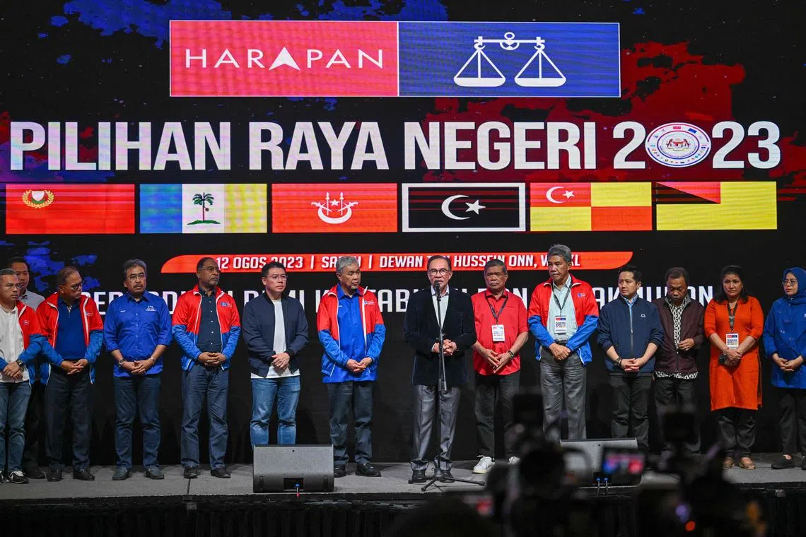 Malaysian PM Anwar Ibrahim speaking at a press conference in Kuala Lumpur after the release of the state election results on Aug 12.